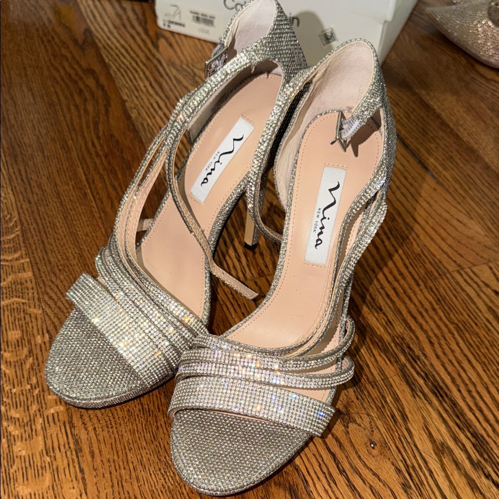 Nina Silver Sparkle Rhinestone Strappy Heels